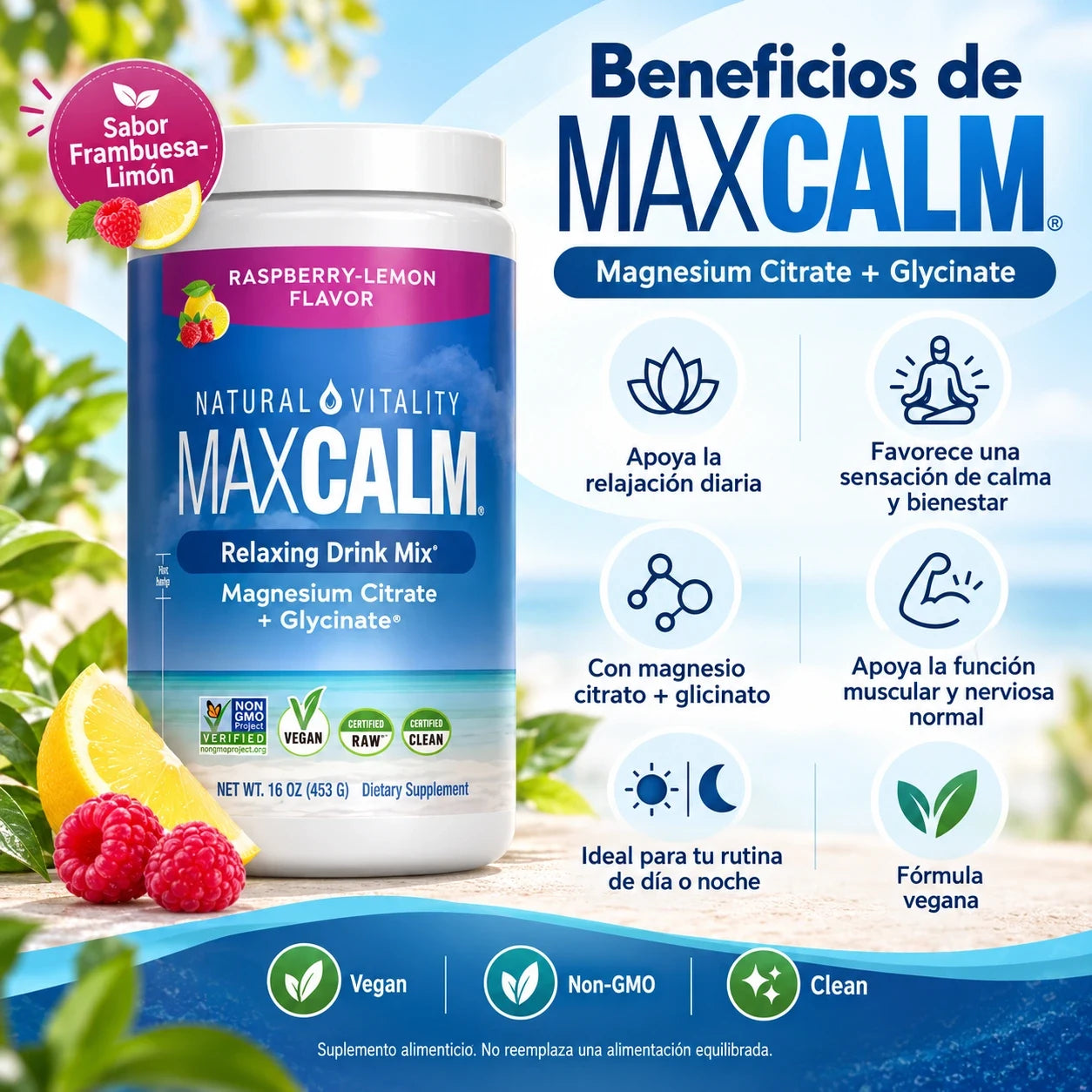Infografía de beneficios de MaxCalm